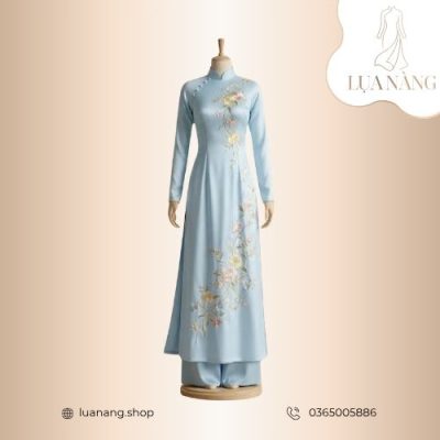 áo dài lụa thêu hoa dáng dài