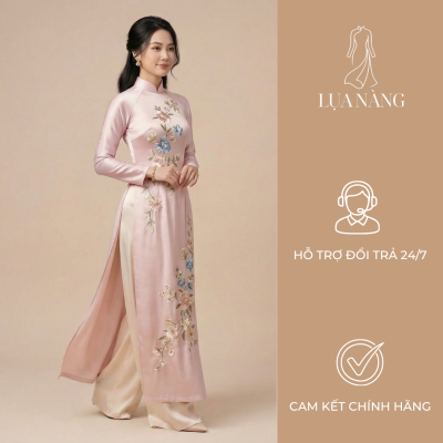 áo dài lụa thêu hoa thanh lịch màu hồng