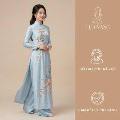 áo dài lụa thêu hoa thanh lịch màu xanh