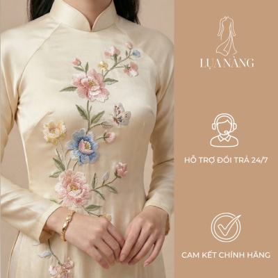 áo dài lụa thêu hoa chất liệu