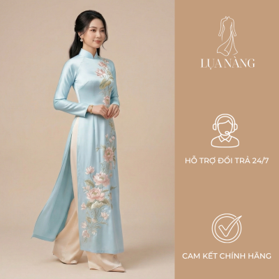 áo dài hoa truyền thống xanh dương lụa nàng