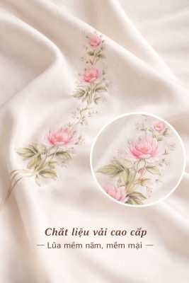 Hình ảnh cận cảnh chất liệu lụa cao cấp của áo dài truyền thống, nổi bật với bề mặt mềm mại, độ rủ tự nhiên cùng họa tiết hoa thêu tinh xảo. Tông màu nhẹ nhàng kết hợp hoa văn thanh lịch giúp tôn lên vẻ đẹp nữ tính, sang trọng và đậm nét văn hóa Việt.