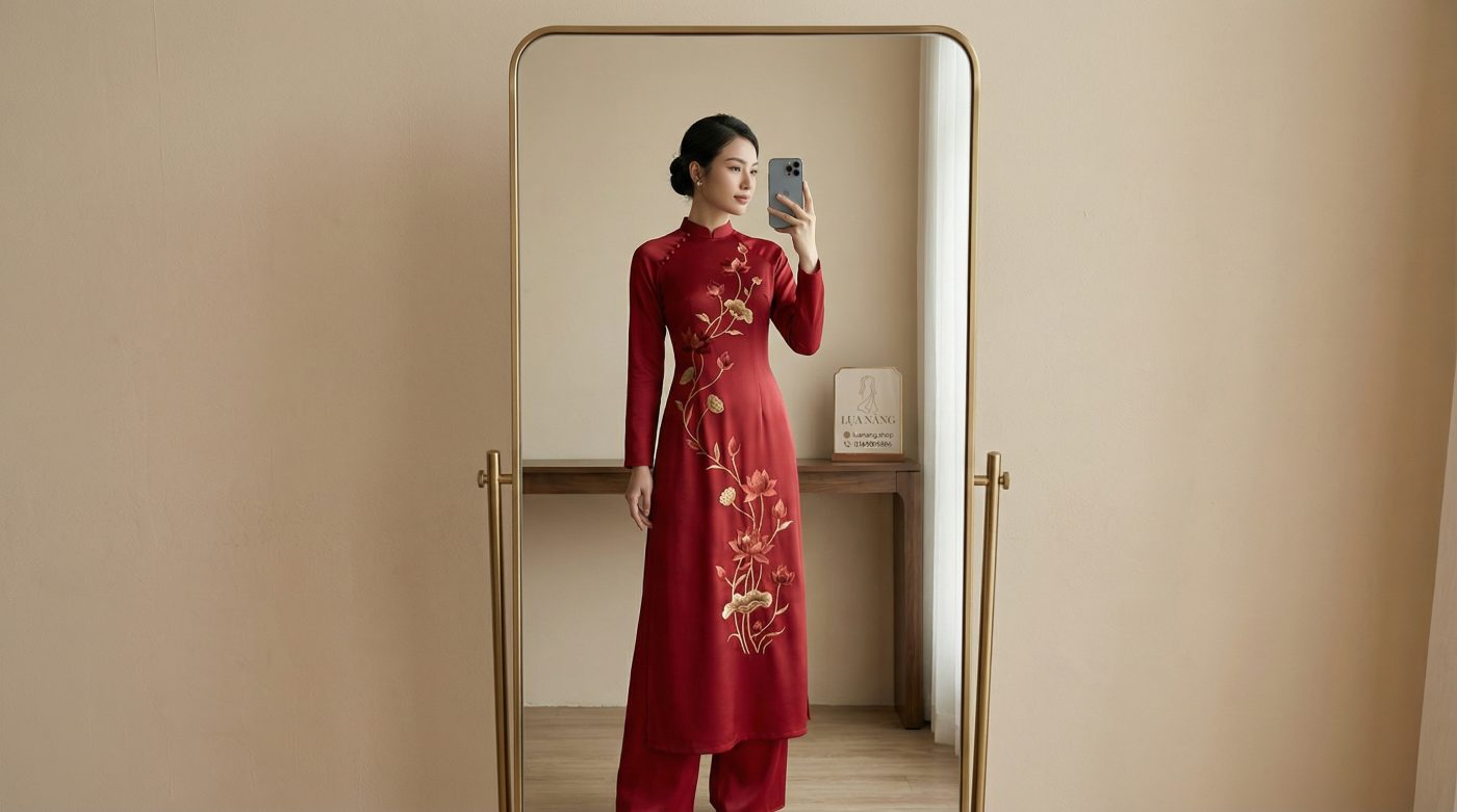 ảnh khách mặc áo dài lụa thêu hoa