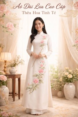Hình ảnh áo dài truyền thống lụa cao cấp với họa tiết hoa thêu tinh tế, thiết kế thanh lịch tôn dáng, mang đến vẻ đẹp dịu dàng, sang trọng và đậm nét văn hóa Việt Nam.